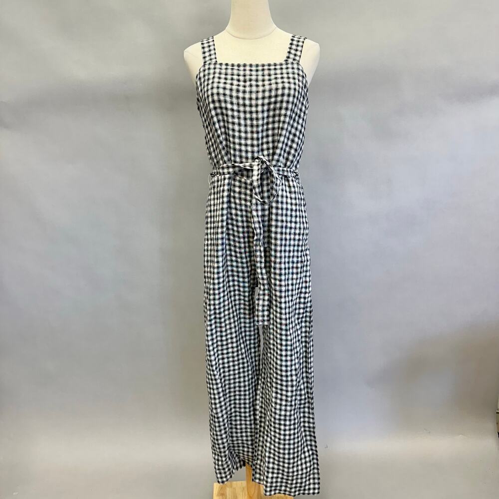 Quince European Linen Square Neck Jumpsuit in‎ Khaki/Black Gingham Medium NWT - Picture 2 of 16